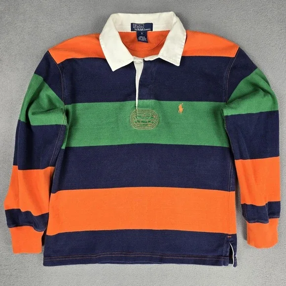 Polo Ralph Lauren Rugby Shirt Mens Small Orange Green Navy Striped Long Sleeve - Picture 3 of 11